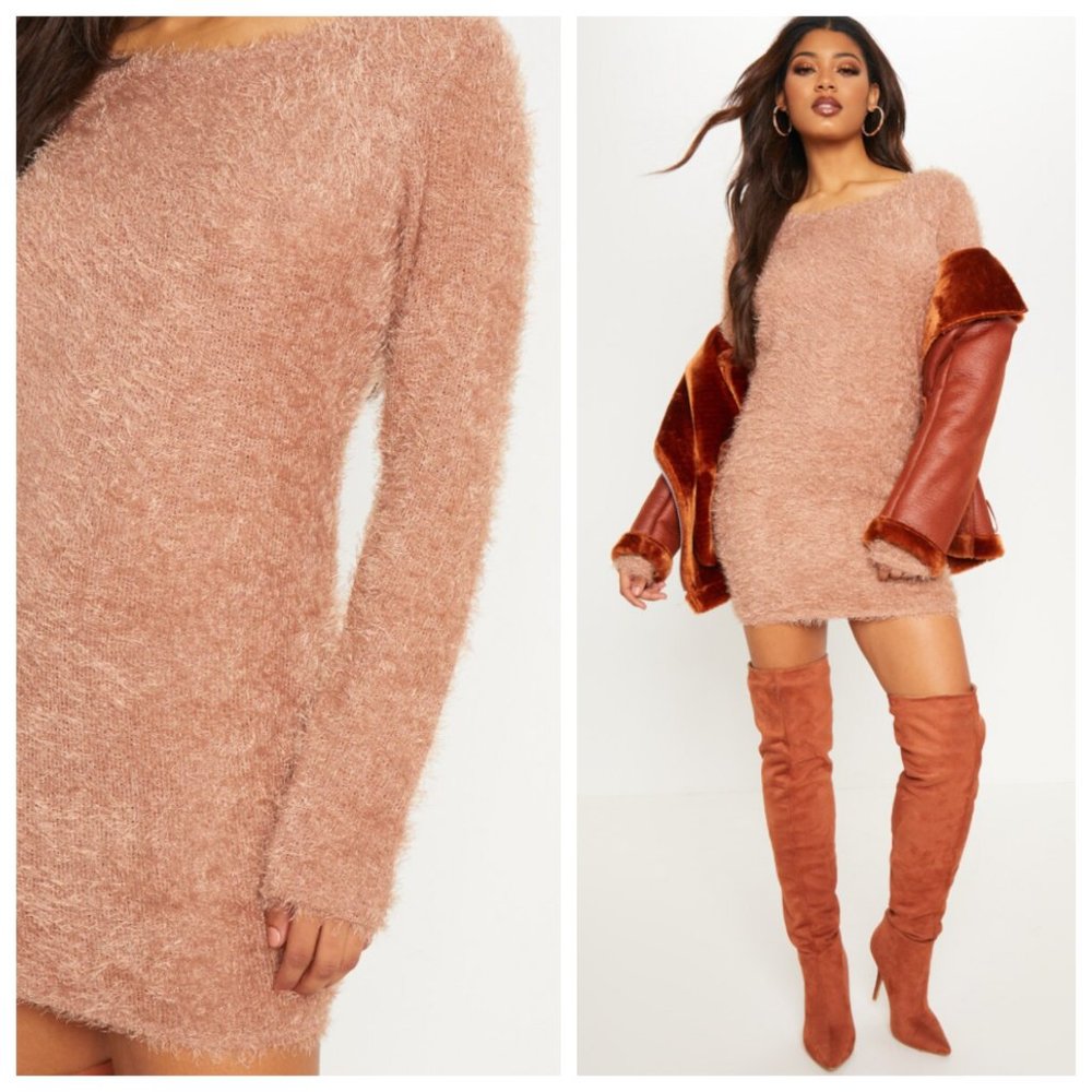 Prettylittlething Fluffy Knit Brown Sweater Dress - Picture 2 of 3